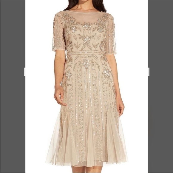 Adrianna Papell Illusion Beaded Mesh Boat Neck Short Sleeve Dress in Biscotti - Picture 6 of 9